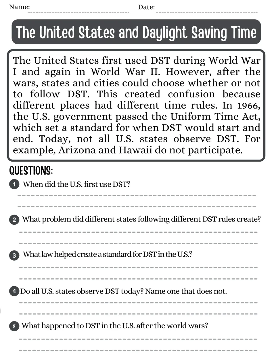 Reading passage on U.S. Daylight Saving Time, the 1966 Uniform Time Act, and five comprehension questions