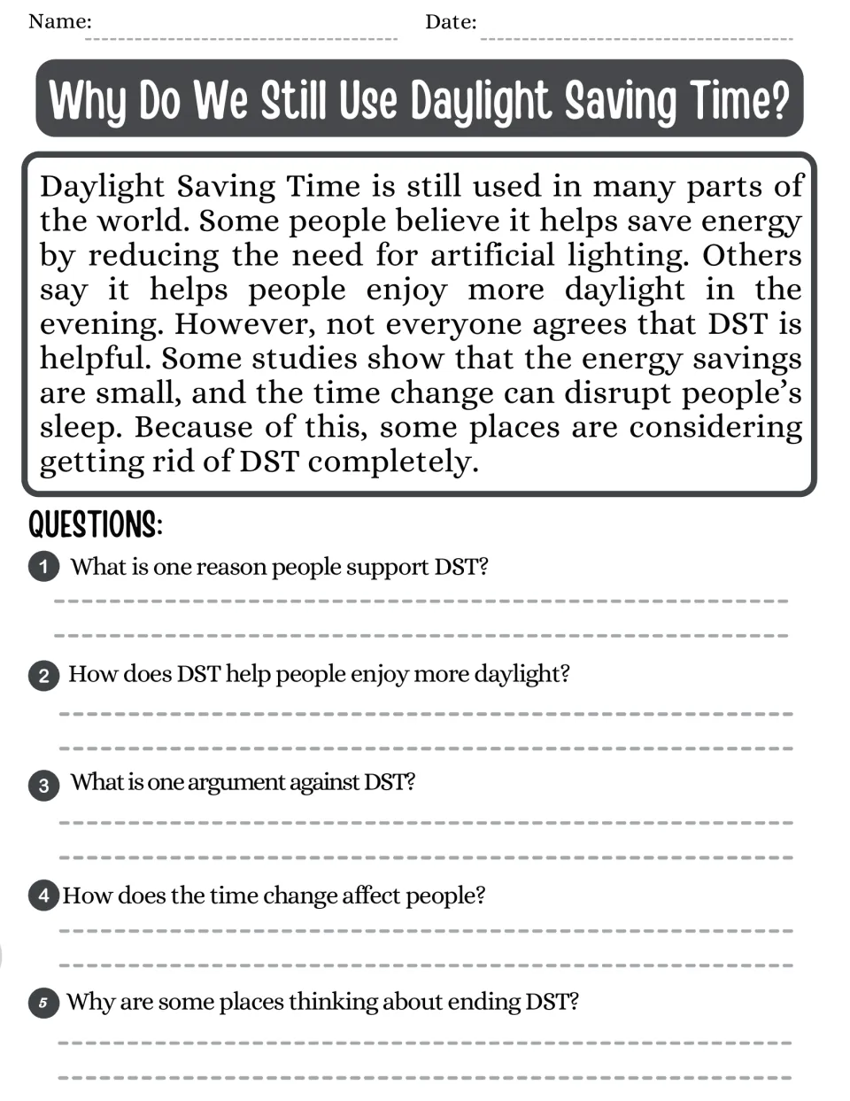 Reading passage on Daylight Saving Time's energy savings, evening daylight, and sleep, with five questions