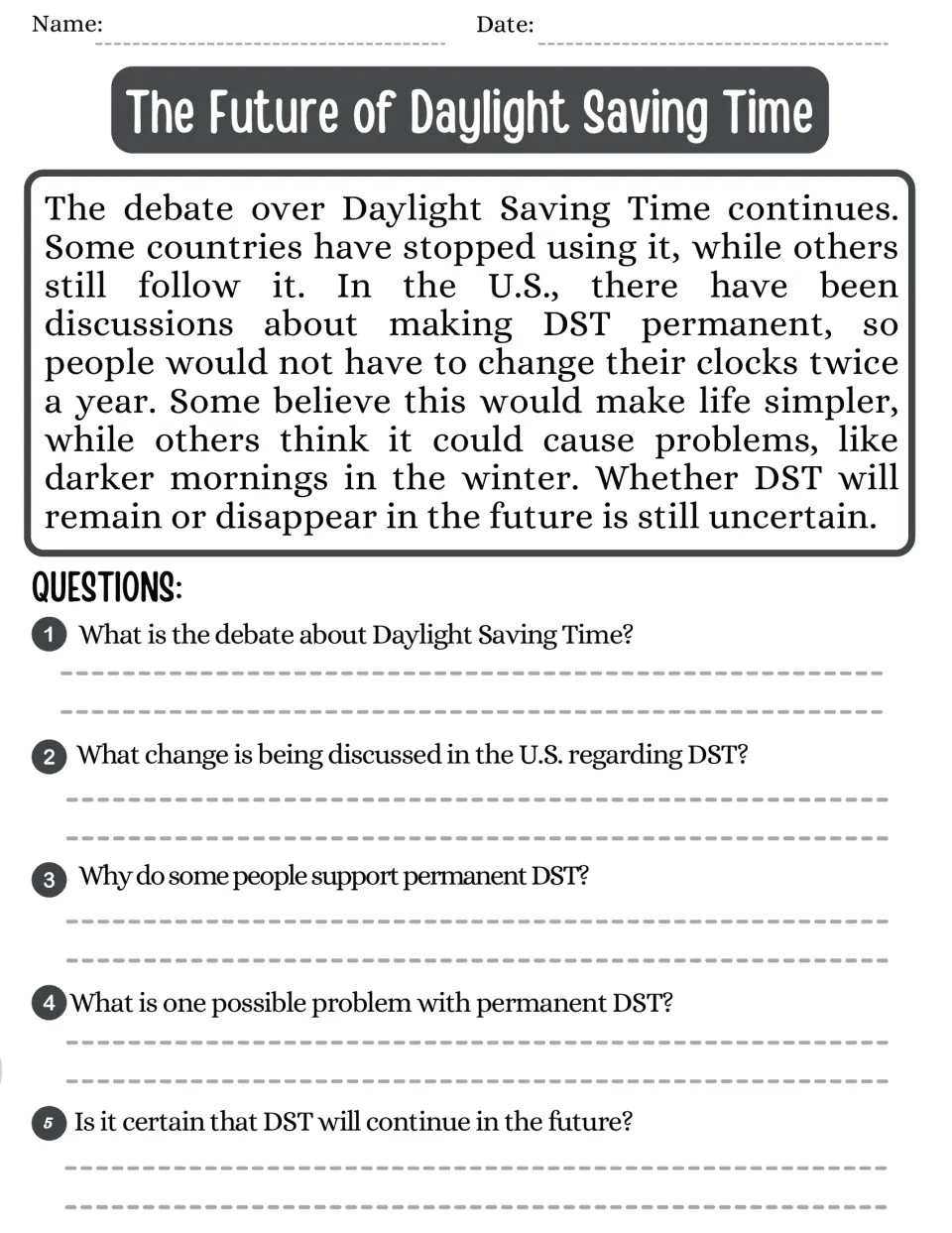 Reading passage on permanent Daylight Saving Time and darker winter mornings, with five questions
