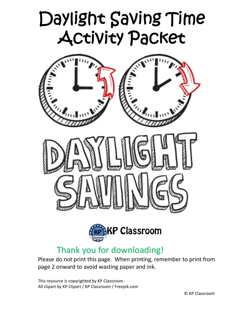 Cover of the daylight saving time activity packet, with instructions to begin printing on page 2