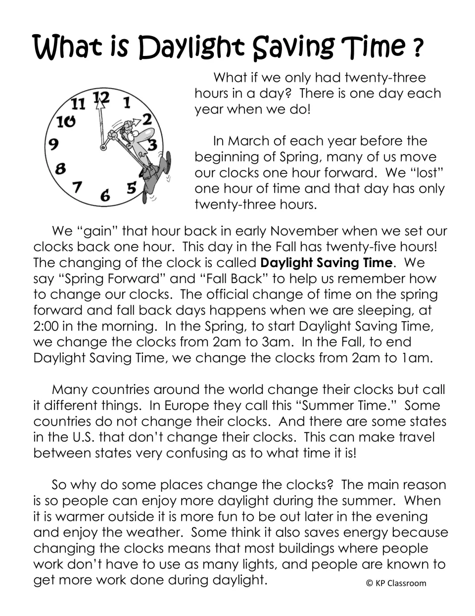 Introductory reading explains spring forward, fall back, 23-hour and 25-hour days, and reasons for changing clocks