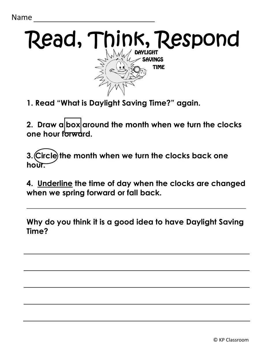Response tasks for the first reading ask students to mark clock-change months and times and explain a benefit