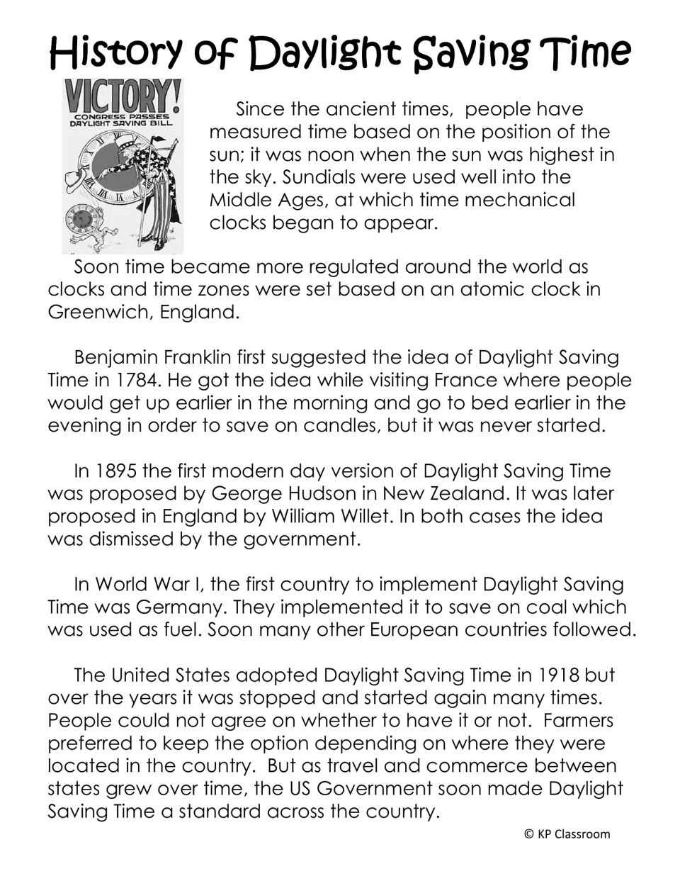 History reading traces timekeeping, early daylight saving proposals, wartime use, and adoption in the United States