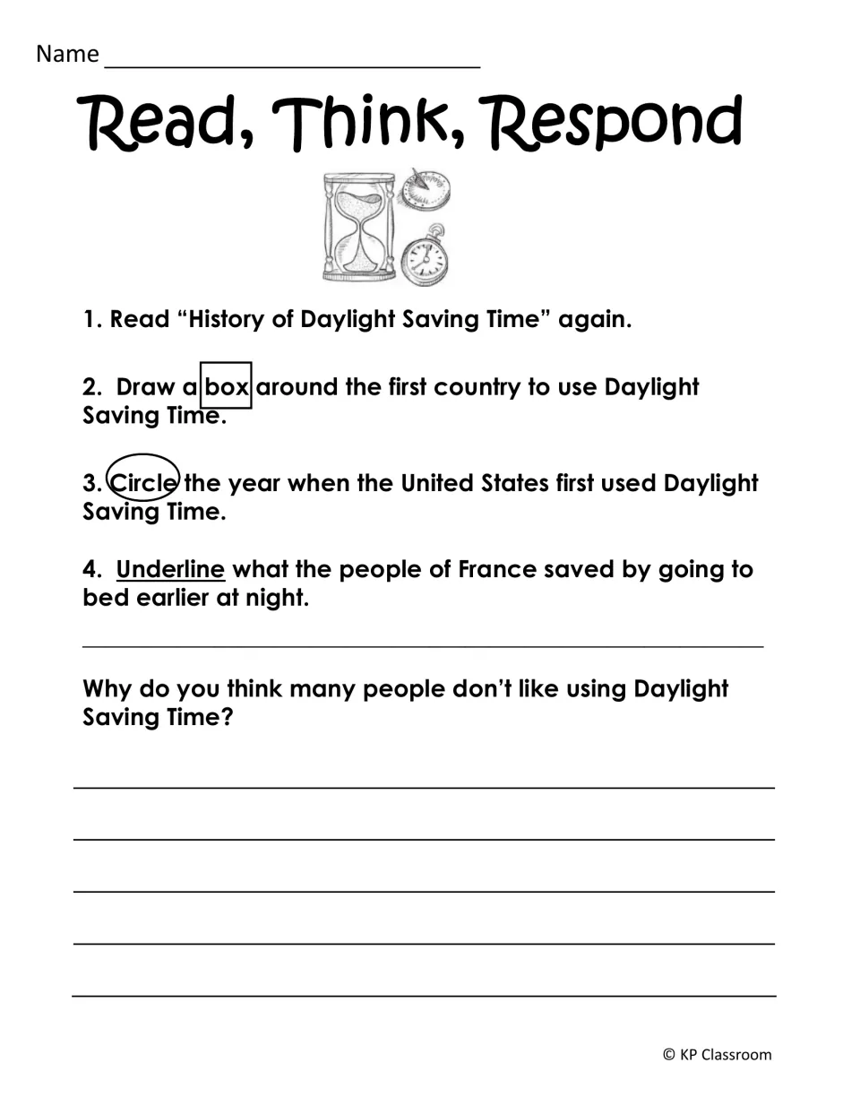 History response tasks ask students to identify a country, year, and saved item and explain objections to DST