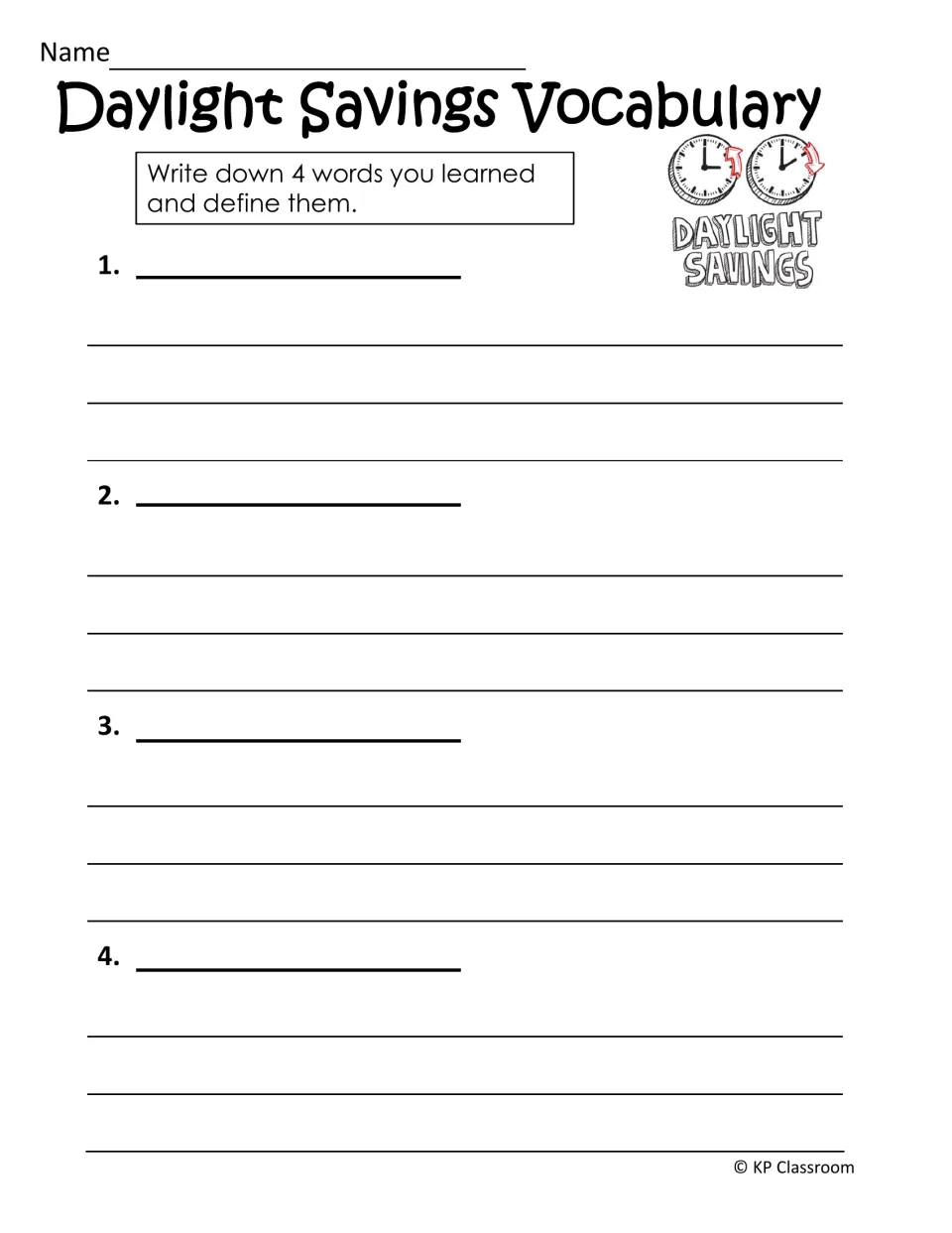 Vocabulary activity asks students to choose four words they learned about daylight saving time and define them