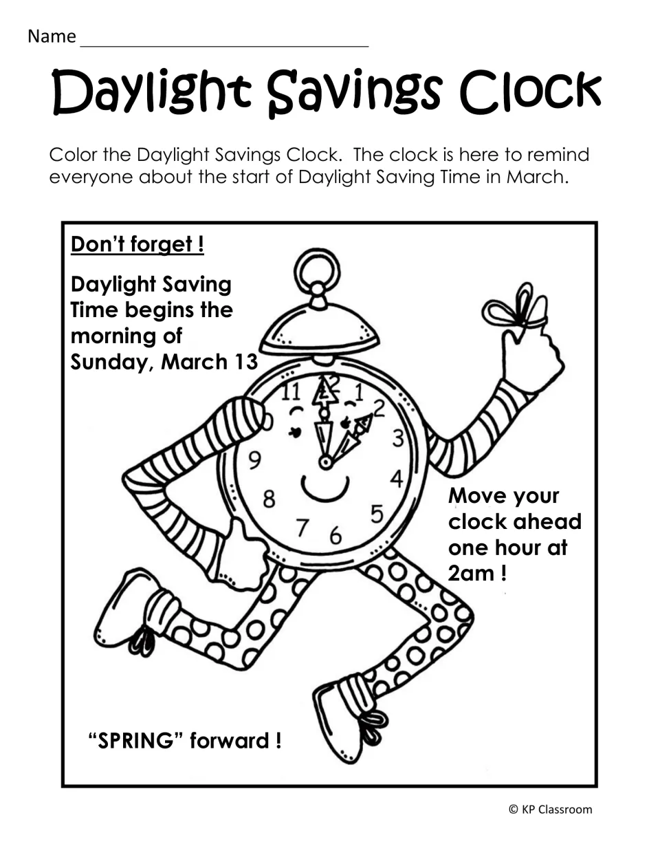 Spring clock coloring reminder says to move clocks ahead one hour at 2 a.m. on Sunday, March 13