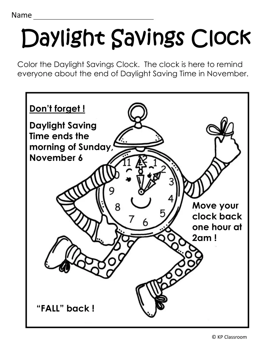 Fall clock coloring reminder says to move clocks back one hour at 2 a.m. on Sunday, November 6