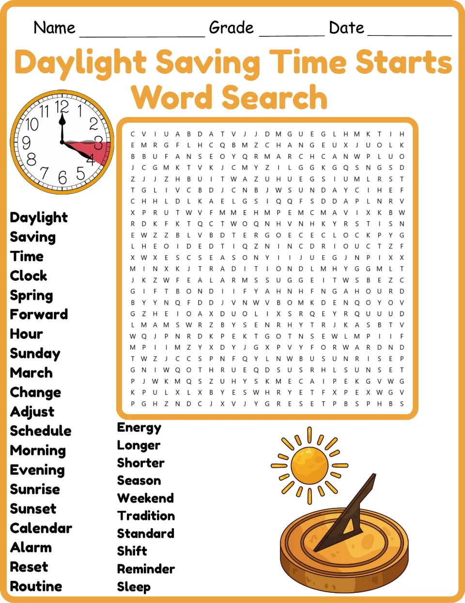 Color version of the daylight saving time word search: 30 words including spring, forward, hour, and Sunday.
