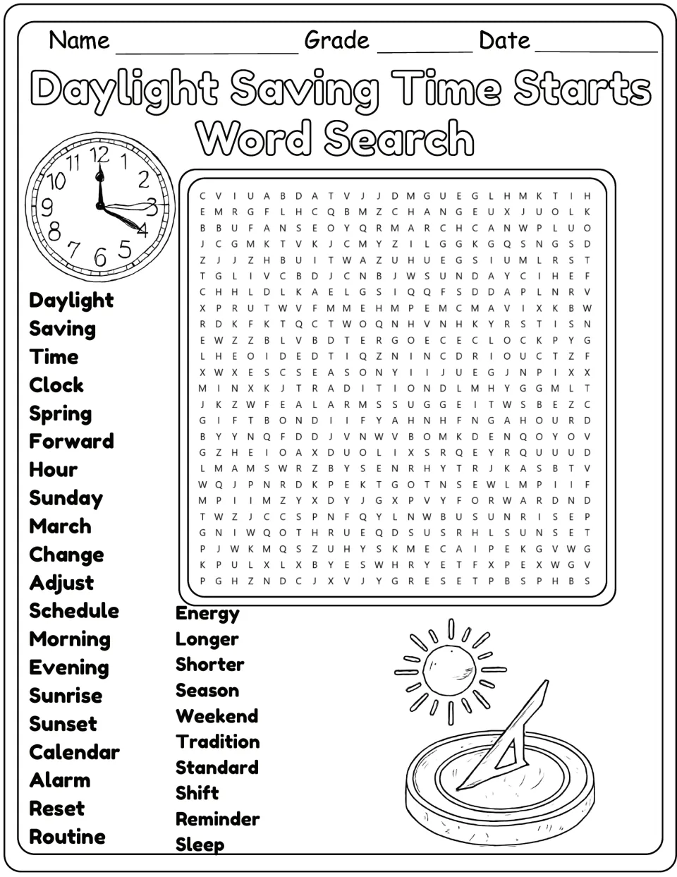 Black-and-white version of the same 30-word puzzle, including daylight, saving, time, clock, and spring.
