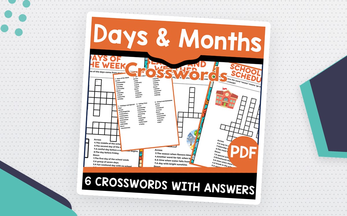 Days and Months Crosswords cover with six crossword worksheet previews and answers badge