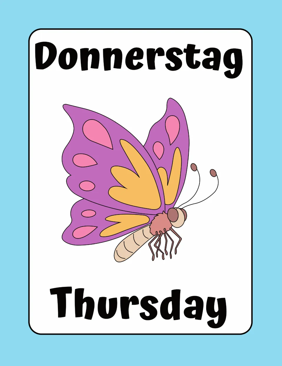 German weekday flashcard pairing Donnerstag with English Thursday, shown with a purple and yellow butterfly