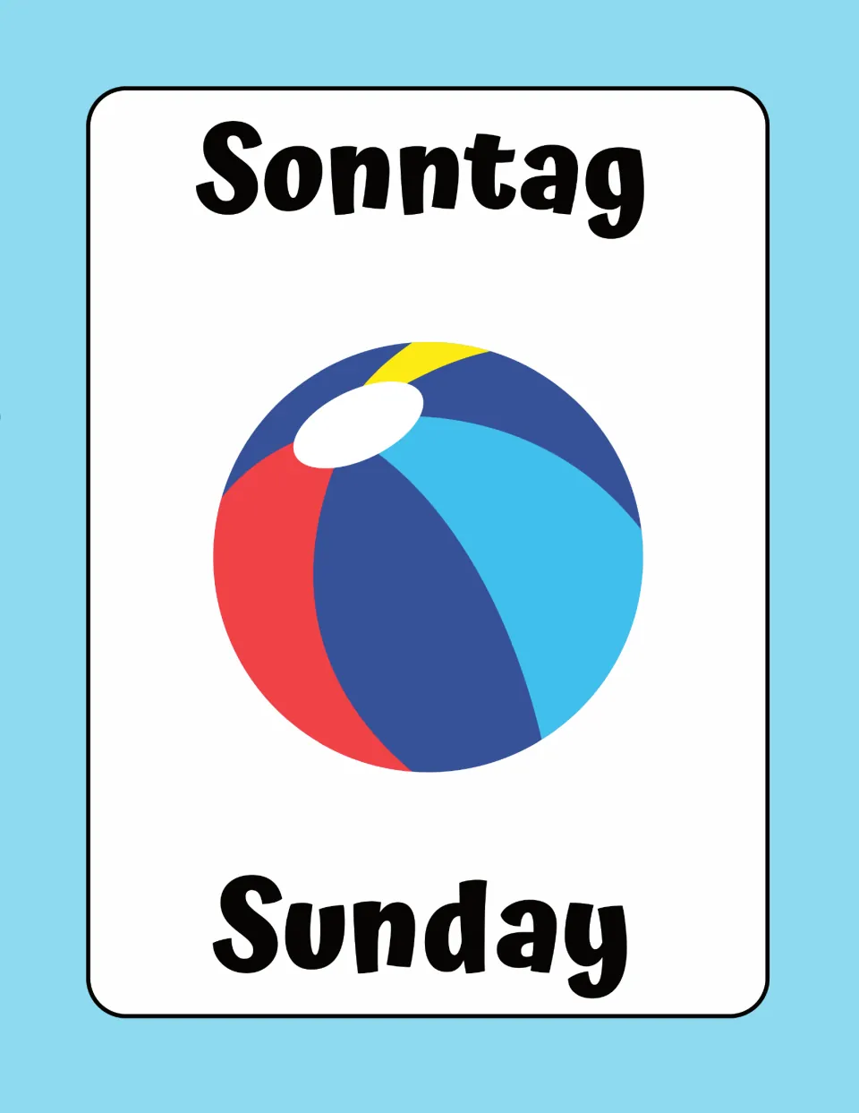 German weekday flashcard pairing Sonntag with English Sunday, shown with a red, blue and yellow beach ball