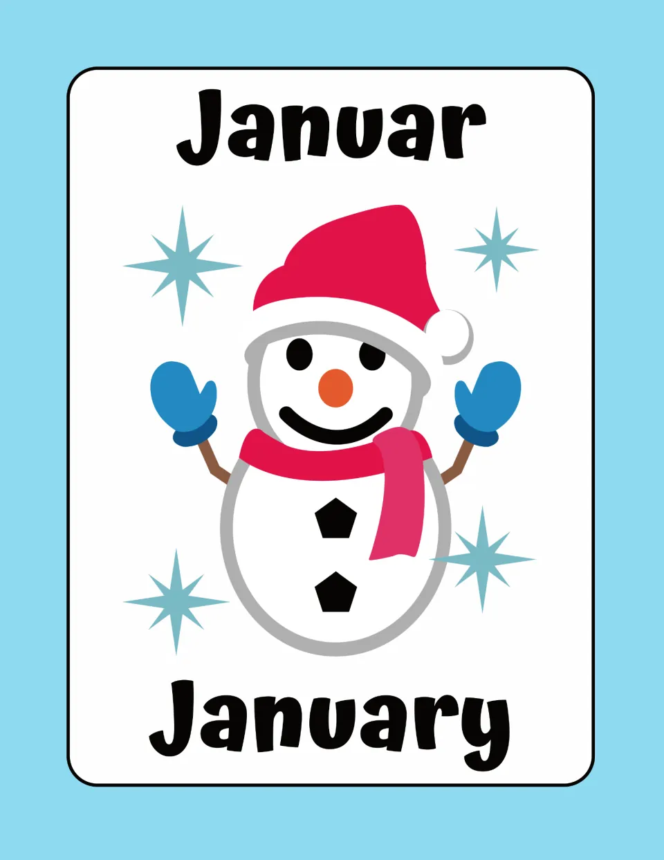 German month flashcard pairing Januar with English January, shown with a snowman in a red hat and blue mittens