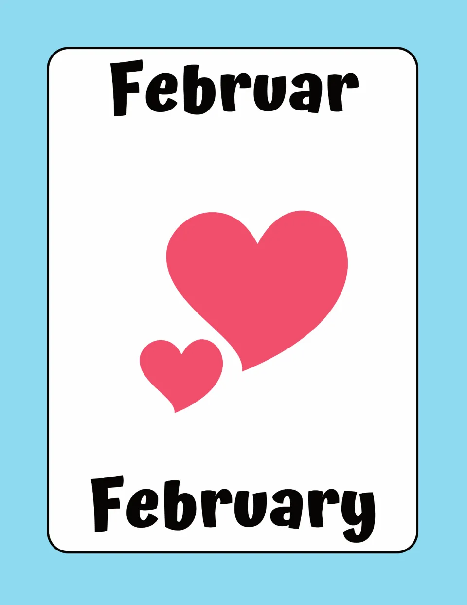 German month flashcard pairing Februar with English February, shown with two pink hearts