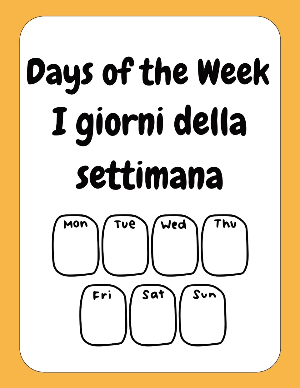 Days section introduction: 'Days of the Week' and 'I giorni della settimana,' with Mon through Sun labels