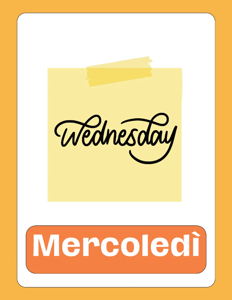 Italian days-of-the-week flashcard 3 of 7, pairing English 'Wednesday' with Italian 'Mercoledì' (Wednesday)