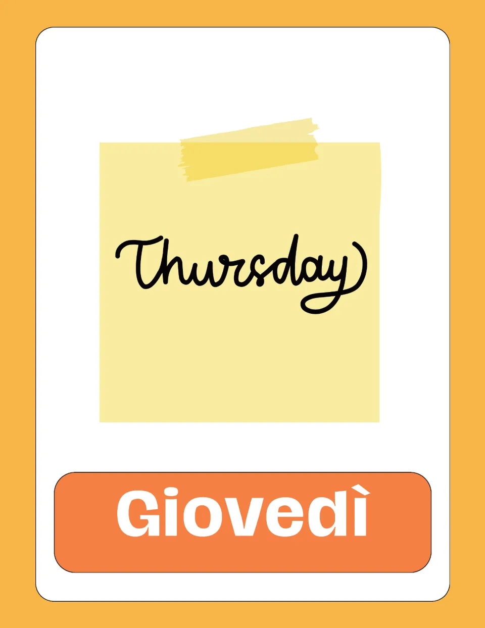 Italian days-of-the-week flashcard 4 of 7, pairing the English word 'Thursday' with 'Giovedì' (Thursday)