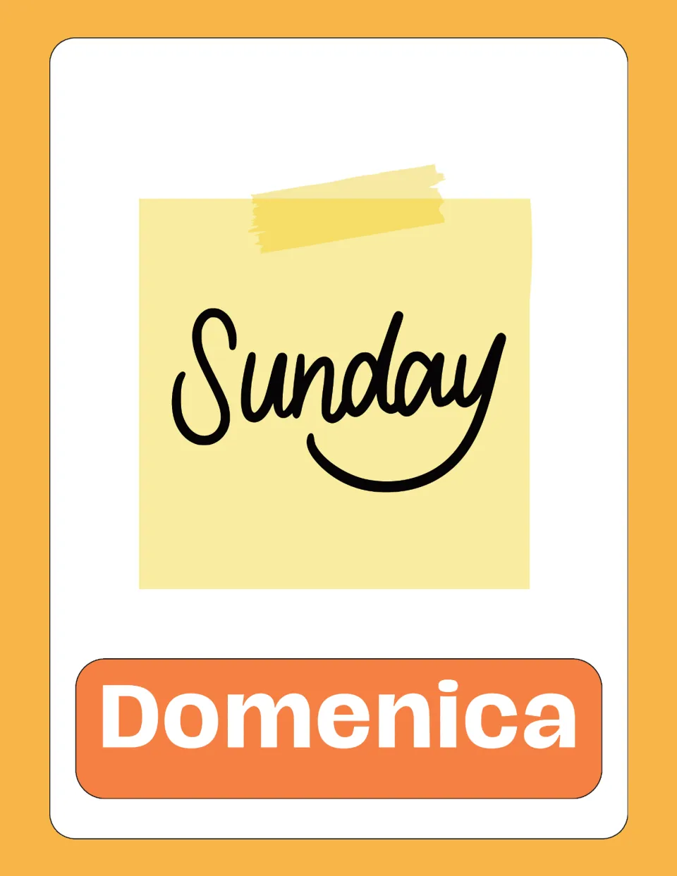 Italian days-of-the-week flashcard 7 of 7, pairing the English word 'Sunday' with 'Domenica' (Sunday)