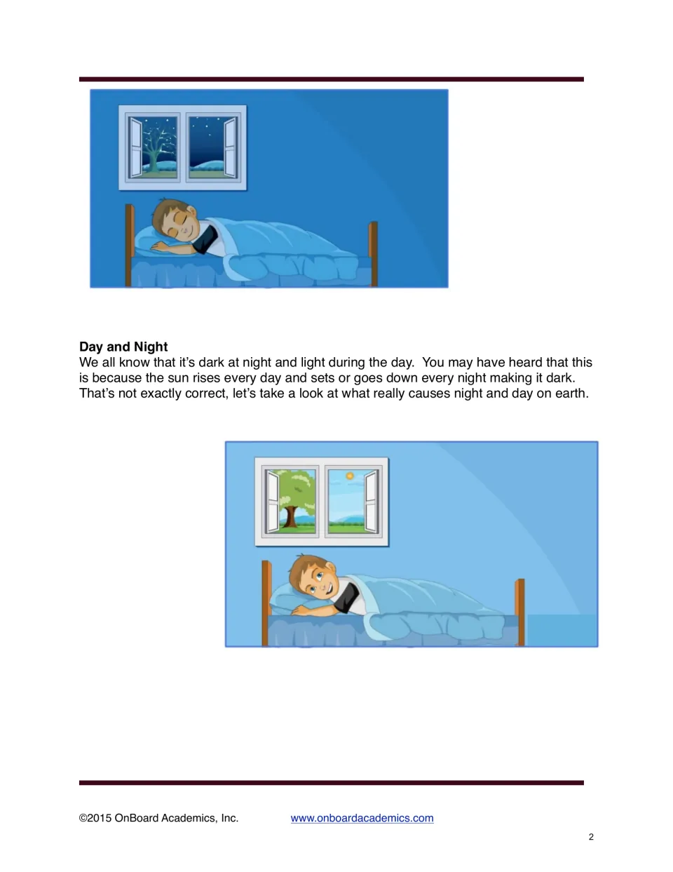 Day and night introduction: a boy sleeps under a starry window, then wakes to a sunny one, questioning the sunrise idea