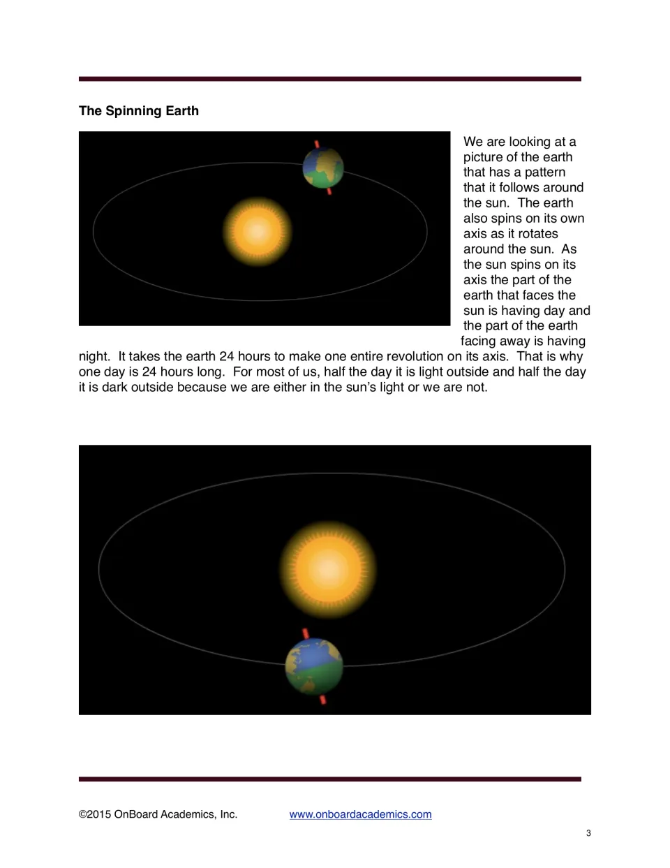 The Spinning Earth: reading on Earth turning on its axis while orbiting the sun, with 24 hours making one day
