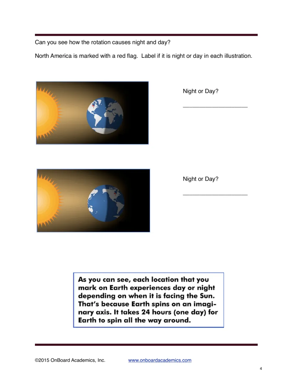 Rotation and day/night: students label two Earth views as night or day based on where North America's red flag faces