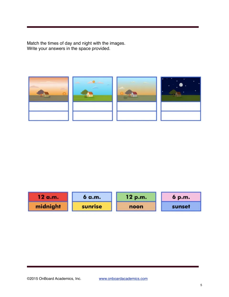 Times of day matching: students pair midnight, sunrise, noon and sunset labels with four house scenes showing the sky