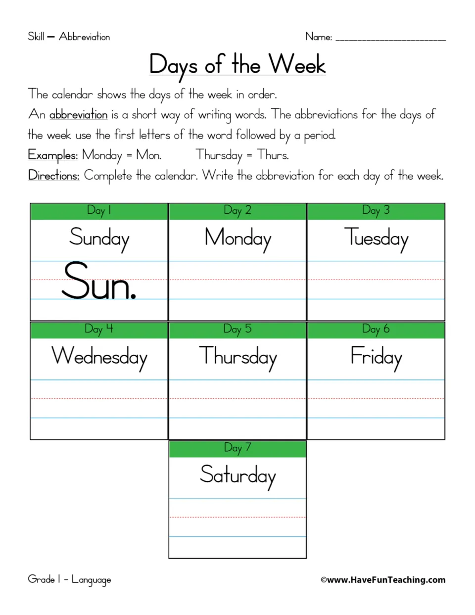 Days of the week abbreviation practice: Sunday is shown as Sun.; students complete Monday through Saturday.