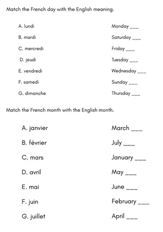 days of the week and months of the year in french worksheets – sample page 2