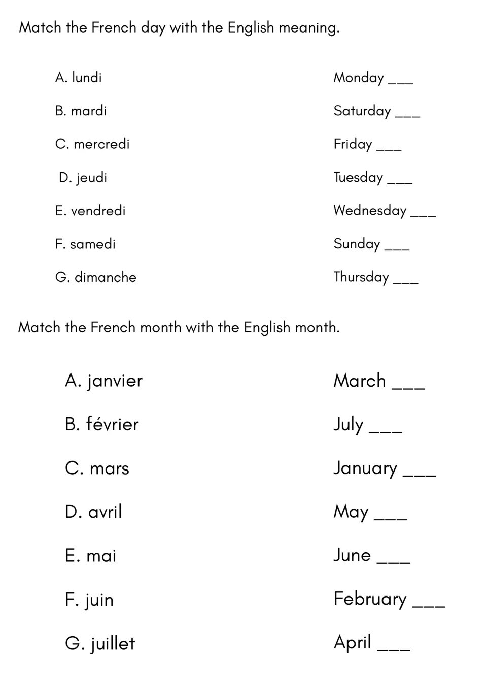 French days and months matching: students pair lundi to dimanche and janvier to juillet with their English names