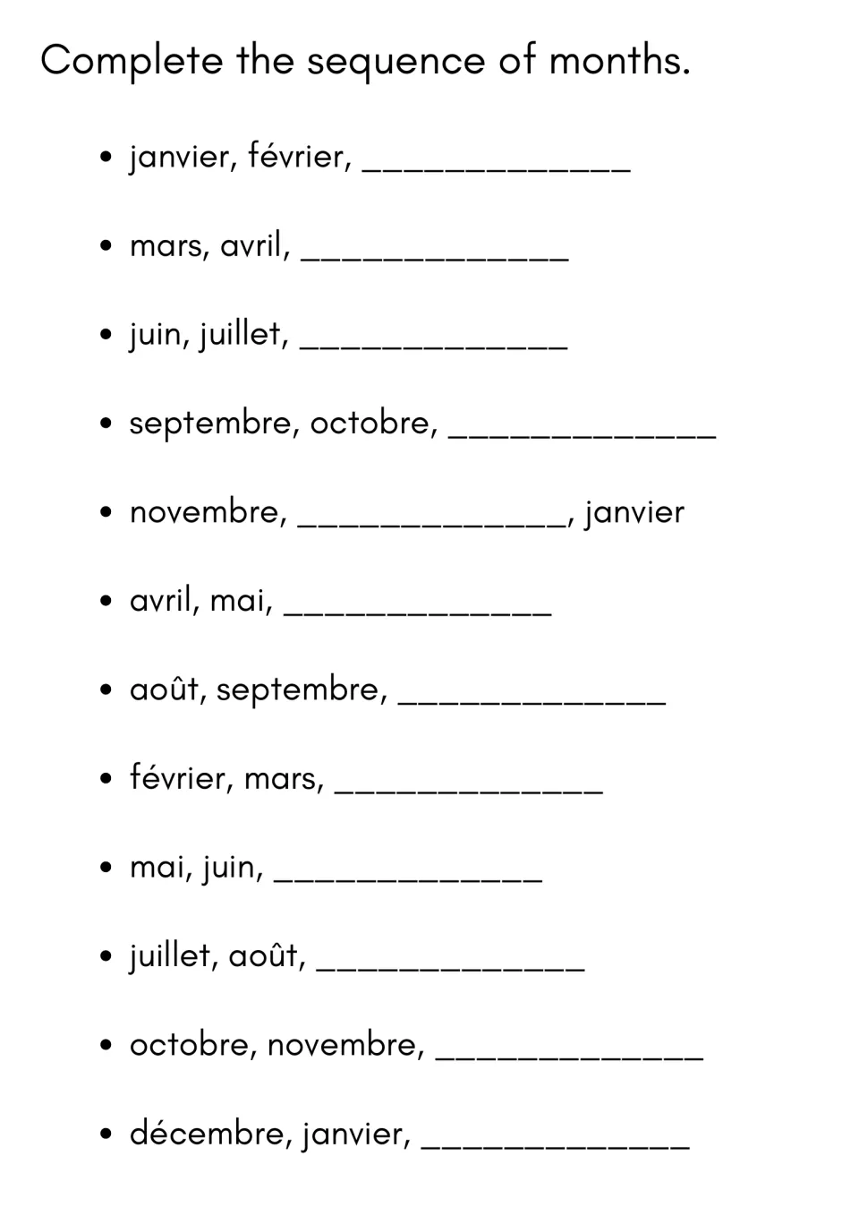 French month sequencing: students write the missing month in 12 series, from janvier, février to décembre, janvier