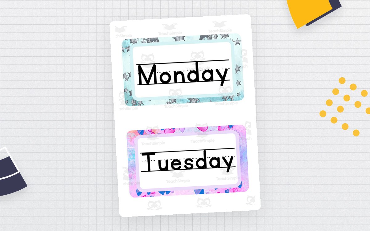 Monday and Tuesday classroom-decor cards with watercolor borders.