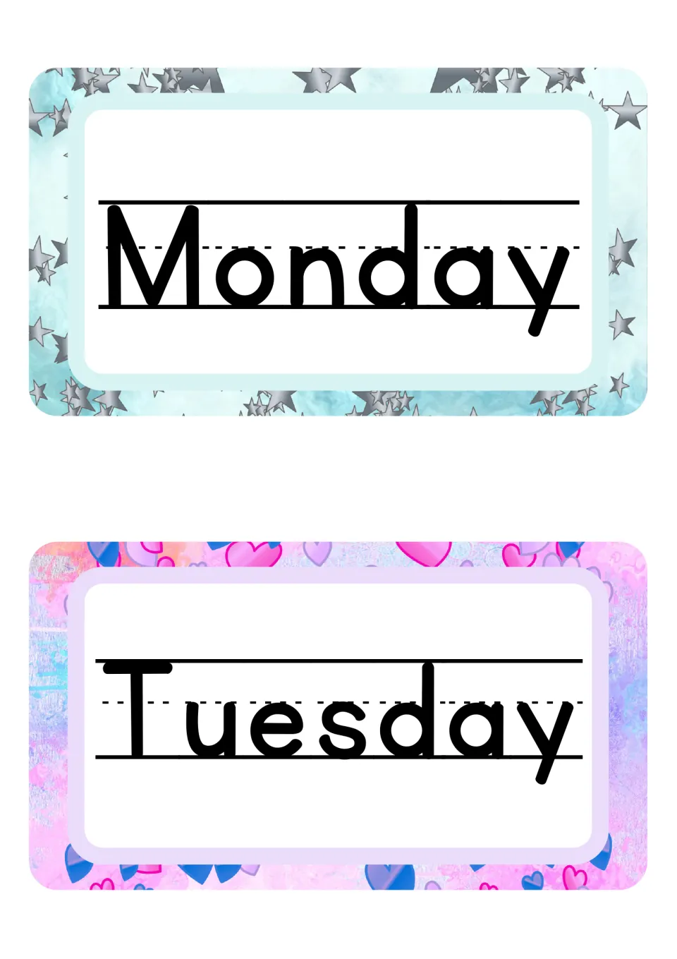 Monday and Tuesday day-of-the-week signs in bold print, Monday on silver stars over aqua, Tuesday on pink and blue hearts