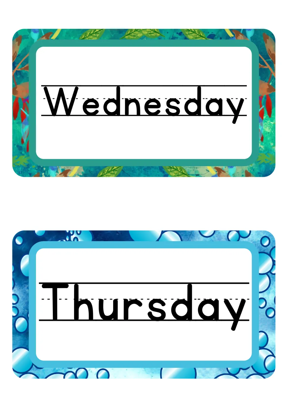 Wednesday and Thursday day-of-the-week signs in bold print, Wednesday on green tropical leaves, Thursday on blue bubbles