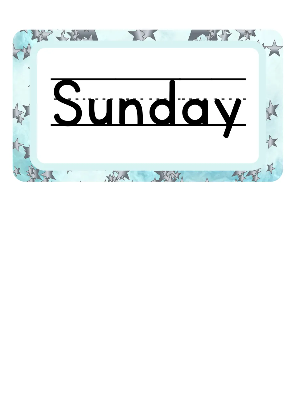 Sunday day-of-the-week sign in bold print on an aqua background with silver stars, matching the Monday sign's design