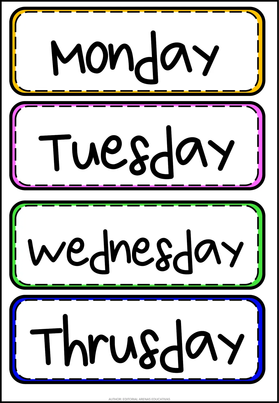 English day-name cards for Monday, Tuesday, Wednesday and Thursday (printed as Thrusday), each color-coded