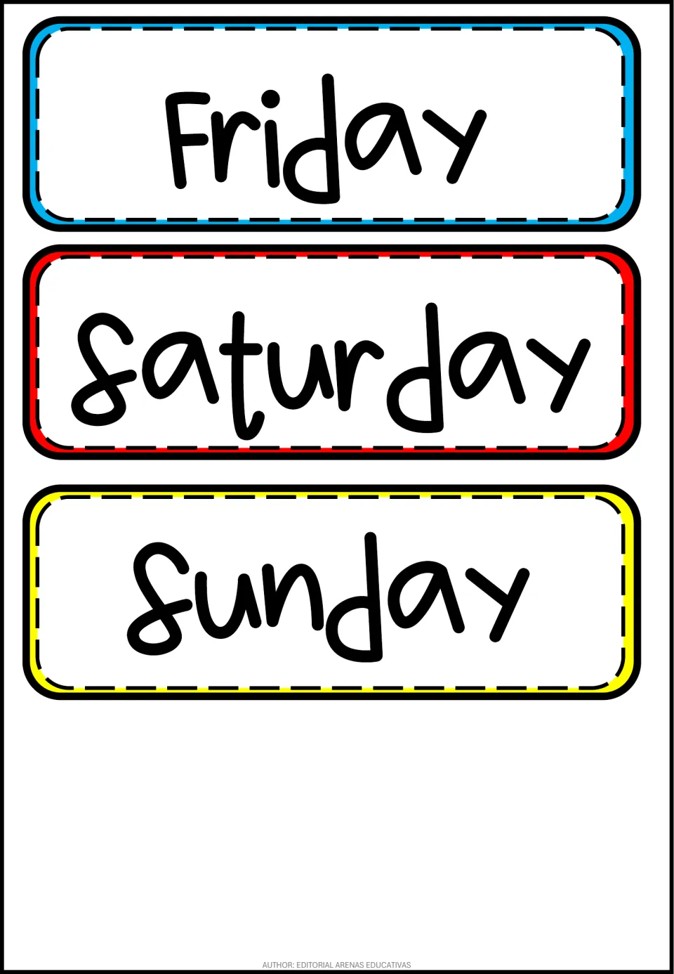 English day-name cards for Friday, Saturday and Sunday, finishing the English set, color-coded blue, red and yellow