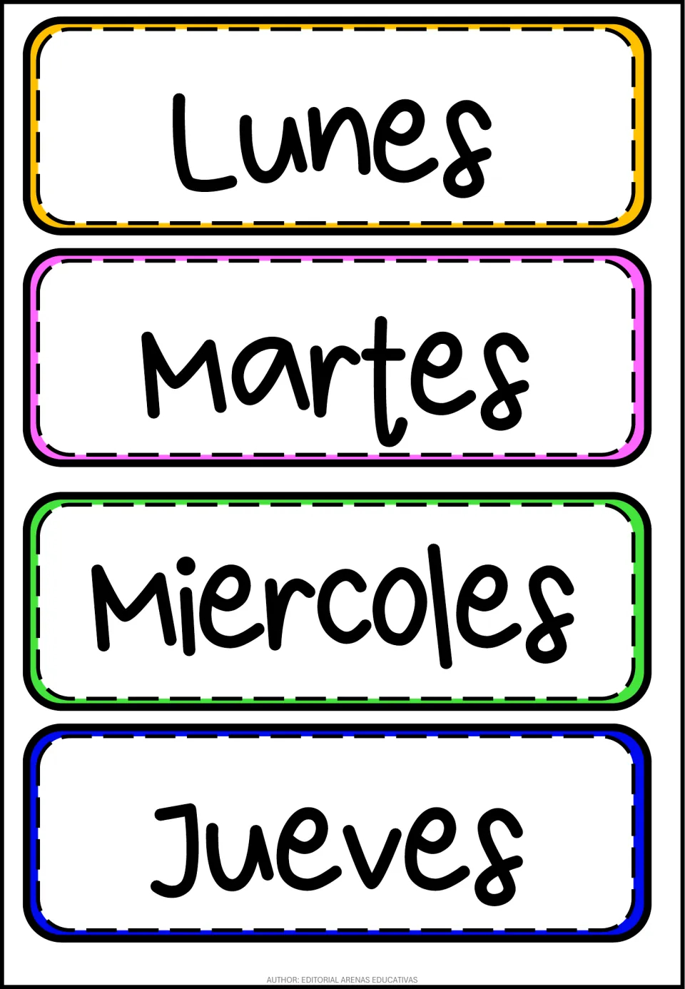 Spanish day-name cards for Lunes, Martes, Miercoles and Jueves, color-matched to their English Monday to Thursday cards