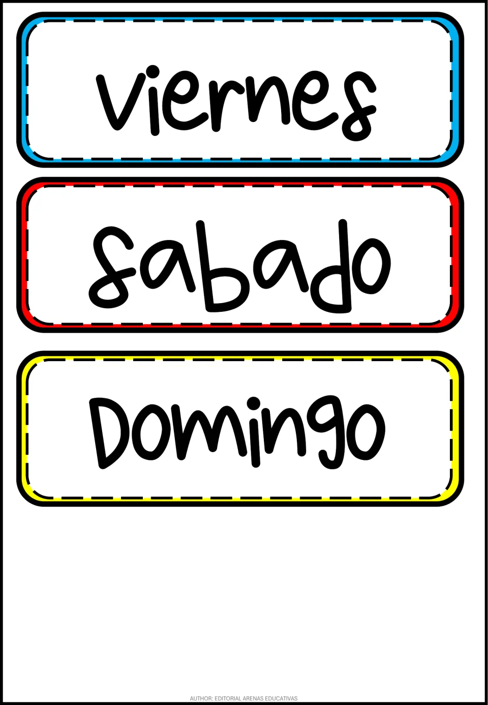 Spanish day-name cards for Viernes, Sabado and Domingo in blue, red and yellow, matching the English Friday to Sunday set