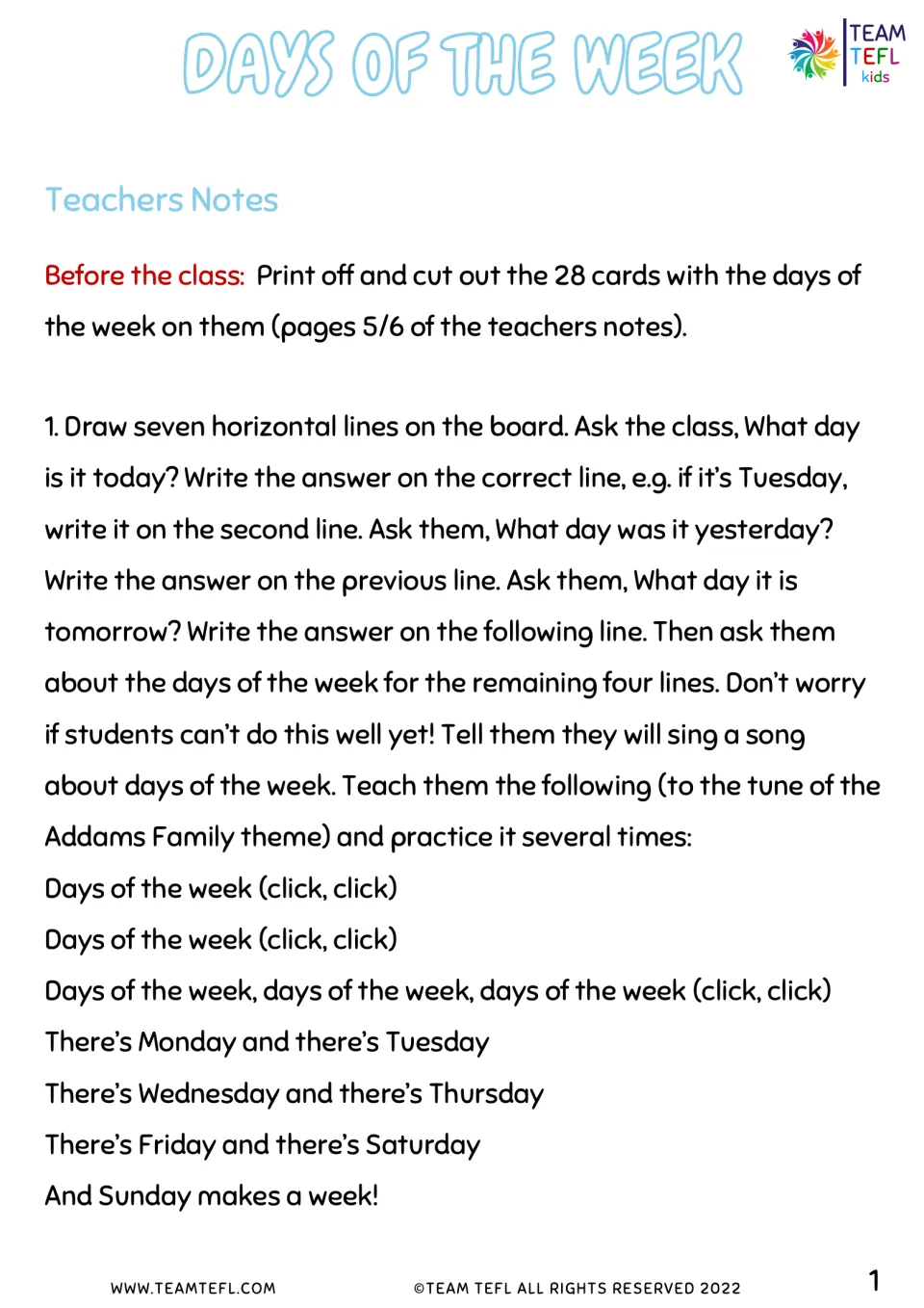 Days of the week teacher notes: prep 28 day cards, ask about today, yesterday and tomorrow, then teach a sung chant
