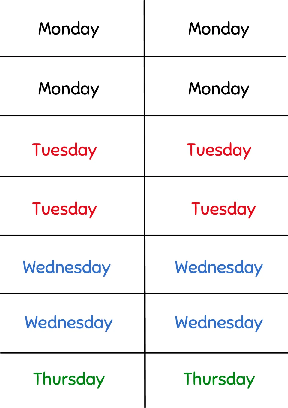 Day word cards for Snap!: four color-coded cards each for Monday, Tuesday and Wednesday, plus two Thursday cards