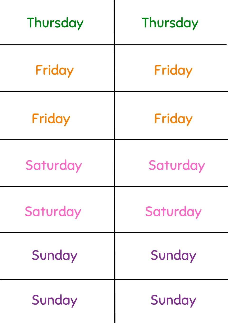 More day word cards: two Thursday cards and four color-coded cards each for Friday, Saturday and Sunday to cut apart