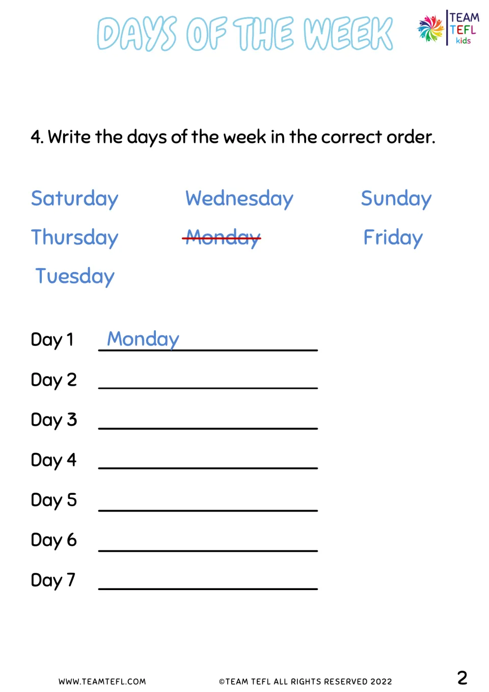 Sequencing days of the week: students copy jumbled day names onto Day 1 to Day 7 lines, with Monday done as an example