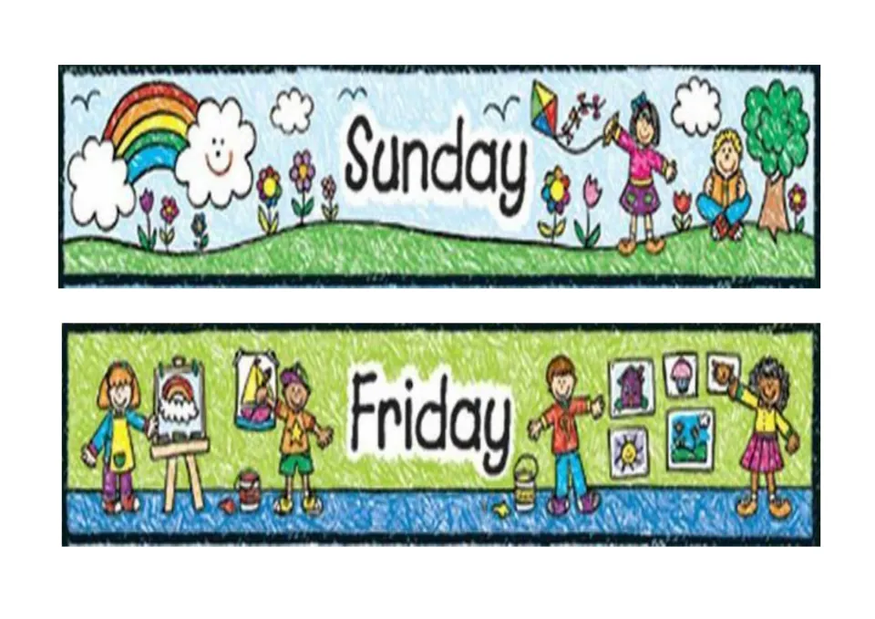 Days of the week cards: Sunday with a girl flying a kite by a rainbow, and Friday with children painting and hanging art