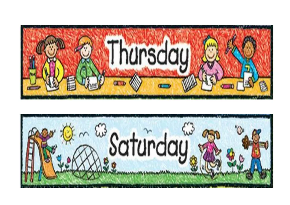 Day name cards for Thursday, with children writing at a table, and Saturday, with kids on a slide and jumping rope