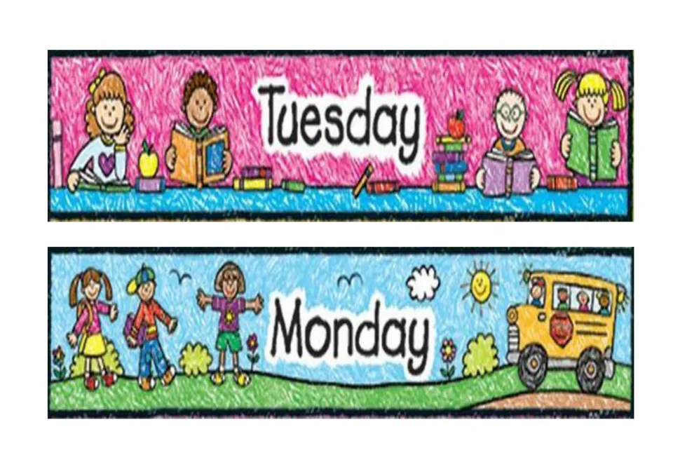 Weekday name cards: Tuesday shows children reading books, and Monday shows kids waving near a yellow school bus