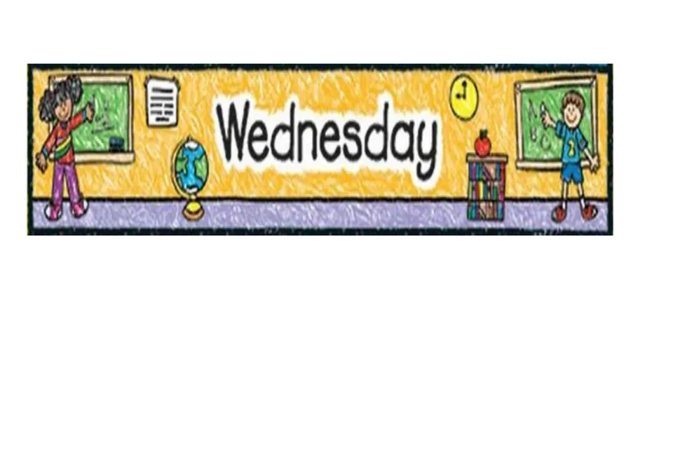 Wednesday day card showing two children writing at chalkboards beside a globe, clock and shelf of books with an apple