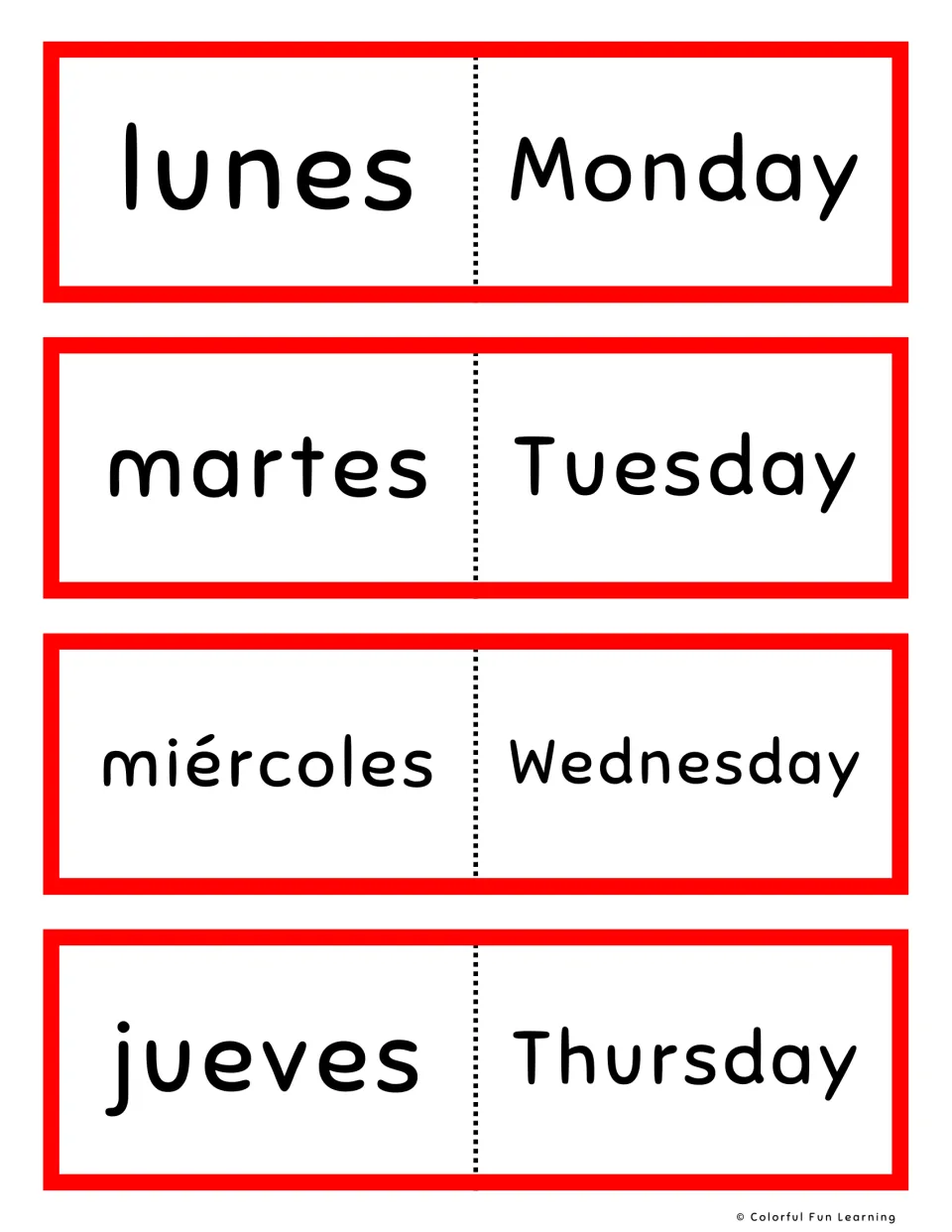 Spanish-English flashcards, red set 1–4: lunes (Monday), martes (Tuesday), miércoles and jueves.