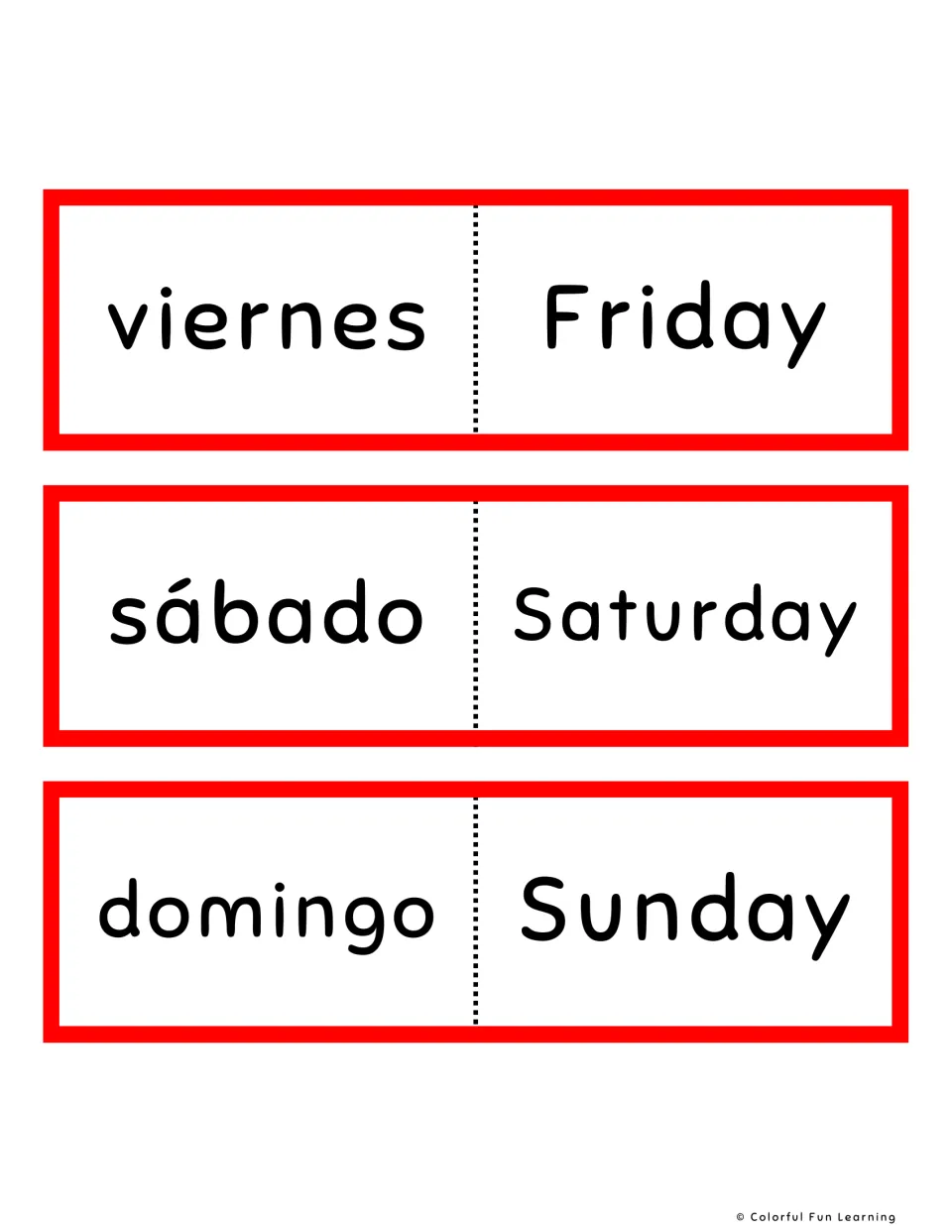 Spanish-English flashcards, red set 5–7: viernes (Friday), sábado (Saturday) and domingo (Sunday).