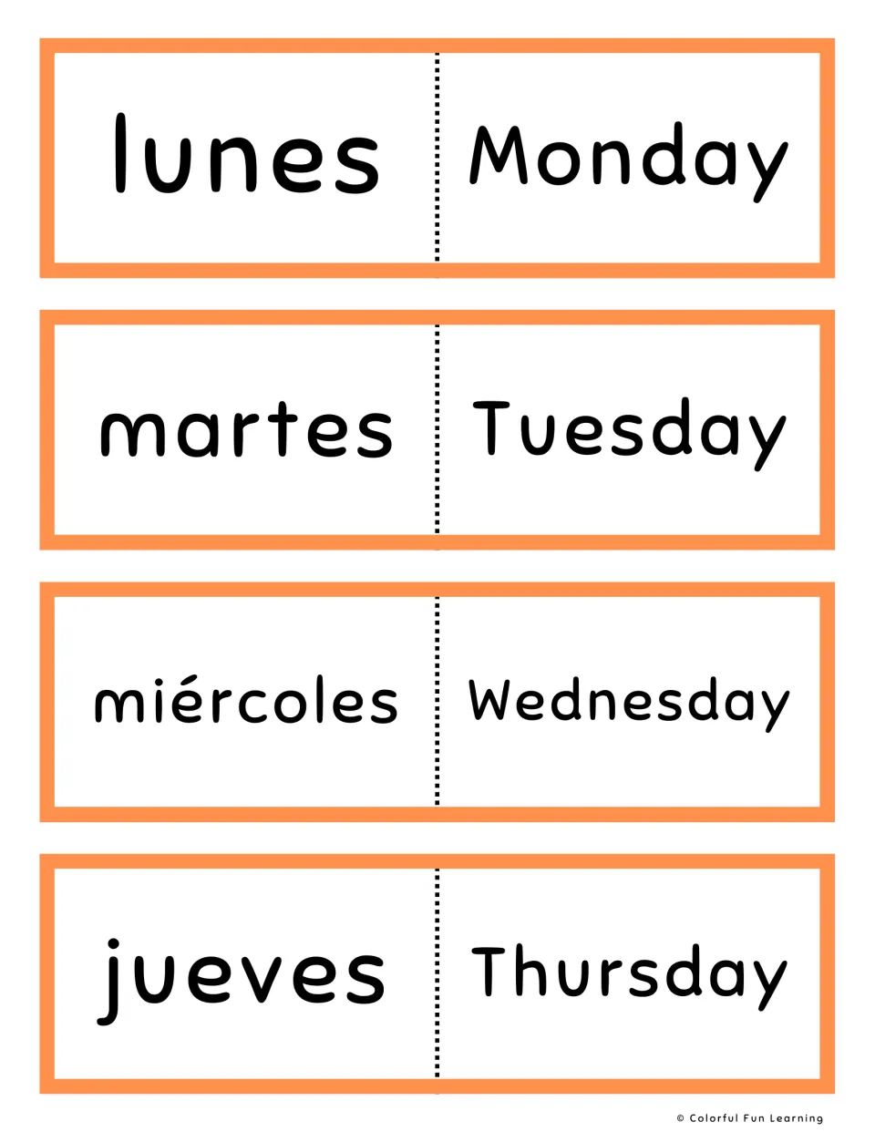Spanish-English flashcards, orange set 1–4: lunes (Monday), martes (Tuesday), miércoles and jueves.