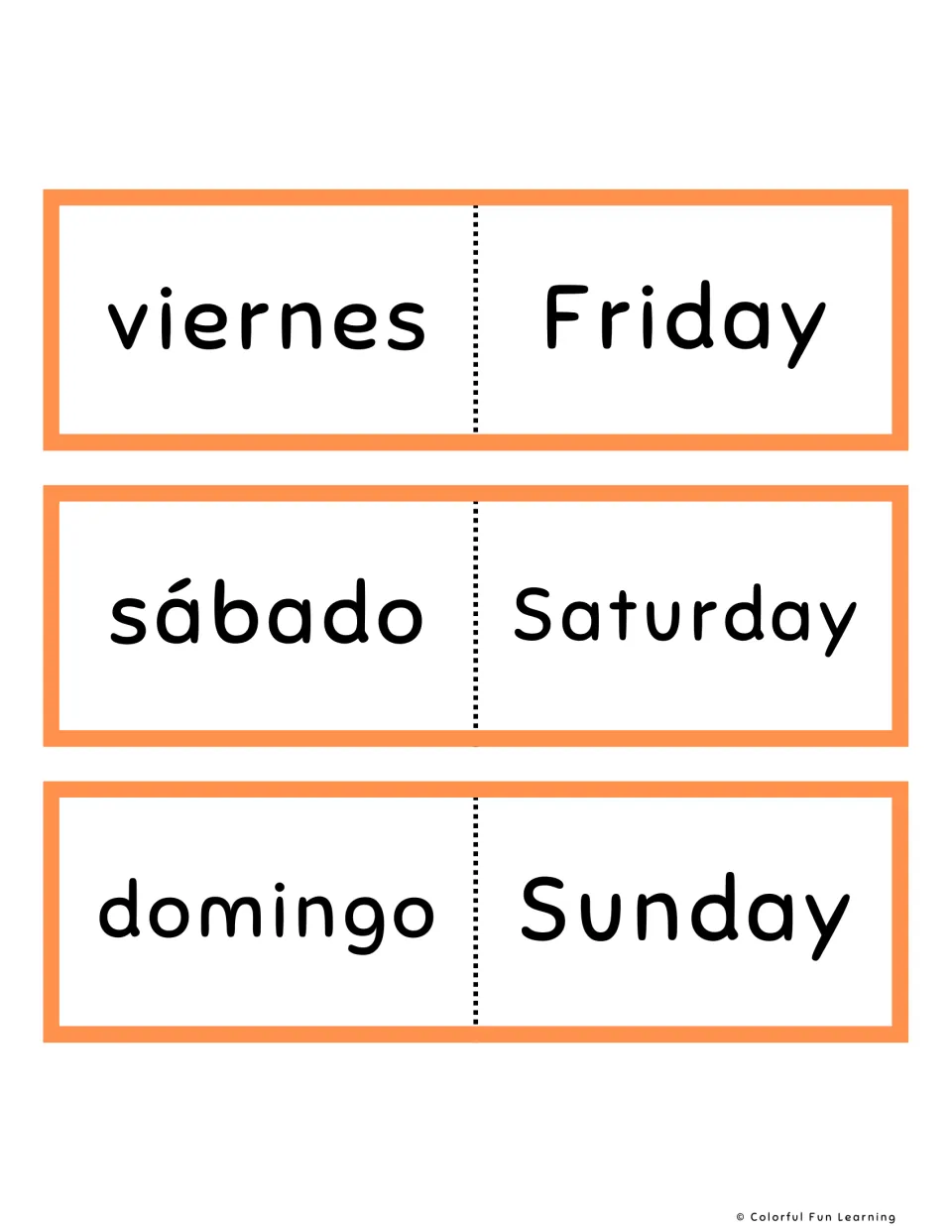 Spanish-English flashcards, orange set 5–7: viernes (Friday), sábado (Saturday) and domingo (Sunday).